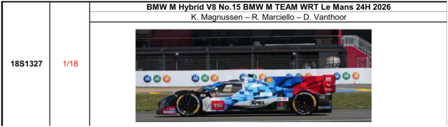 【スパーク(18S1327)ご予約商品8/9締切】1/18 BMW M Hybrid V8 No.15 BMW M TEAM WRT Le Mans 24H 2026 K. Magnussen - R. Marciello - D. Vanthoor 予価:税込¥37400