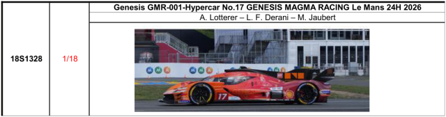 【スパーク(18S1328)ご予約商品8/9締切】1/18 Genesis GMR-001-Hypercar No.17 GENESIS MAGMA RACING Le Mans 24H 2026 A. Lotterer - L. F. Derani - M. Jaubert 予価：税込￥37400