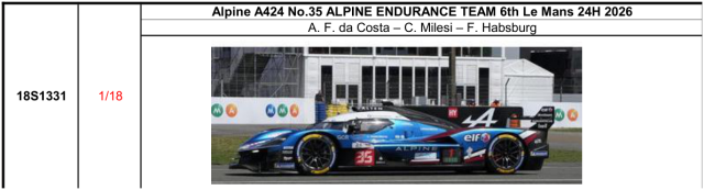【スパーク(18S1331)ご予約商品8/9締切】1/18 Alpine A424 No.35 ALPINE ENDURANCE TEAM 6th Le Mans 24H 2026 A. F. da Costa - C. Milesi - F. Habsburg 予価:税込¥37400