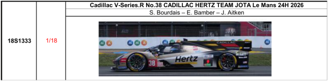 【スパーク(18S1333)ご予約商品8/9締切】1/18 Cadillac V-Series.R No.38 CADILLAC HERTZ TEAM JOTA Le Mans 24H 2026 S. Bourdais - E. Bamber - J. Aitken 予価：税込￥37400