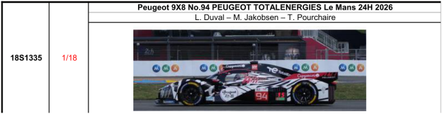 【スパーク(18S1335)ご予約商品8/9締切】1/18 Peugeot 9X8 No.94 PEUGEOT TOTALENERGIES Le Mans 24H 2026 L. Duval - M. Jakobsen - T. Pourchaire 予価：税込￥37400