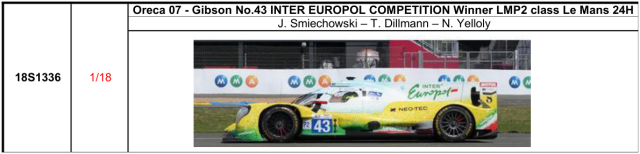 【スパーク(18S1336)ご予約商品8/9締切】1/18 Oreca 07 - Gibson No.43 INTER EUROPOL COMPETITION Winner LMP2 class Le Mans 24H 2026 J. Smiechowski - T. Dillmann - N. Yelloly 予価:税込¥37400