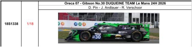 【スパーク(18S1338)ご予約商品8/9締切】1/18 Oreca 07 - Gibson No.30 DUQUEINE TEAM Le Mans 24H 2026 D. Pin - J. Andlauer - R. Verschoor 予価：税込￥37400