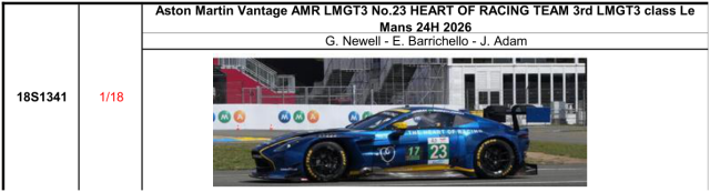 【スパーク(18S1341)ご予約商品8/9締切】1/18 Aston Martin Vantage AMR LMGT3 No.23 HEART OF RACING TEAM 3rd LMGT3 class Le Mans 24H 2026 G. Newell - E. Barrichello - J. Adam 予価：税込￥37400