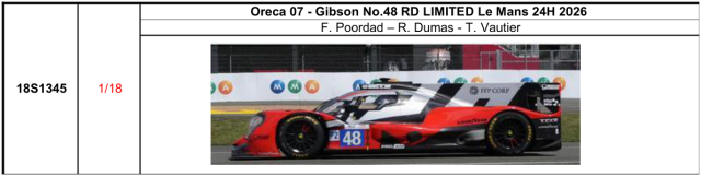 【スパーク(18S1345)ご予約商品8/9締切】1/18 Oreca 07 - Gibson No.48 RD LIMITED Le Mans 24H 2026 F. Poordad - R. Dumas - T. Vautier 予価:税込¥37400