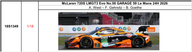 【スパーク(18S1349)ご予約商品8/9締切】1/18 McLaren 720S LMGT3 Evo No.58 GARAGE 59 Le Mans 24H 2026 A. West - F. Gehrsitz - B. Goethe 予価:税込¥37400