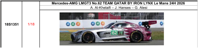 【スパーク(18S1351)ご予約商品8/9締切】1/18 Mercedes-AMG LMGT3 No.62 TEAM QATAR BY IRON LYNX Le Mans 24H 2026 A. Al-Khelaifi - J. Hanses - G. Alesi 予価：税込￥37400
