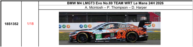 【スパーク(18S1352)ご予約商品8/9締切】1/18 BMW M4 LMGT3 Evo No.69 TEAM WRT Le Mans 24H 2026 A. Mcintosh - P. Thompson - D. Harper 予価：税込￥37400