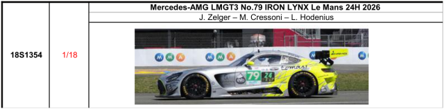 【スパーク(18S1354)ご予約商品8/9締切】1/18 Mercedes-AMG LMGT3 No.79 IRON LYNX Le Mans 24H 2026 J. Zelger - M. Cressoni - L. Hodenius 予価：税込￥37400