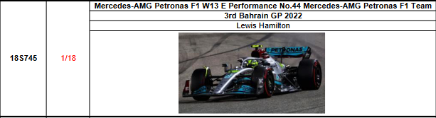 【スパーク(18S745)ご予約商品22/5/5締切】1/18 メルセデスF1 W13 L.ハミルトン 2022年バーレーンGP3位 No.44 予価：税込￥26950
