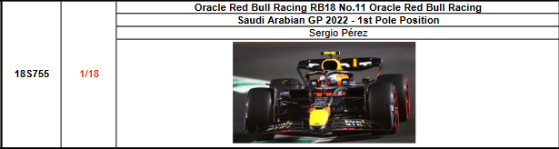 【スパーク(18S755)ご予約商品22/5/5締切】1/18 レッドブル RB18 S.ペレス 2022年サウジアラビアGP1st Pole Position No.11 予価：税込￥26950