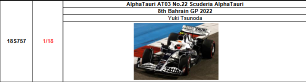 【スパーク(18S757)ご予約商品22/5/5締切】1/18 アルファタウリ AT03 角田裕毅 2022年バーレーンGP8位 No.22 予価：税込￥26950