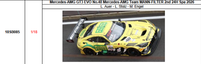 【スパーク(18SB085)ご予約商品8/23締切】1/18 Mercedes-AMG GT3 EVO No.48 Mercedes-AMG Team MANN-FILTER 2026スパ24時間レース2位 L.アウアー-L.シュトルツ-M.エンゲル 予価:税込¥37400