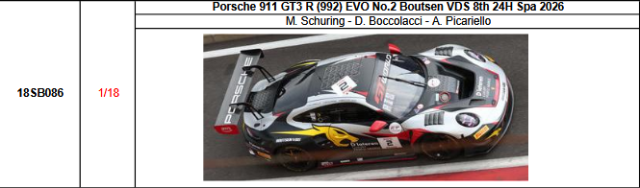 【スパーク(18SB086)ご予約商品8/23締切】1/18 Porsche 911 GT3 R (992) EVO No.2 Boutsen VDS 2026スパ24時間レース8位 M.シューリング-D.ボッコラッチ-A.ピカリエロ 予価:税込¥37400