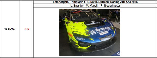 【スパーク(18SB087)ご予約商品8/23締切】1/18 Lamborghini Temerario GT3 No.96 Rutronik Racing 2026スパ24時間レース L.エングストラー-M.マペリ-P.ニーダーハウザー 予価:税込¥37400