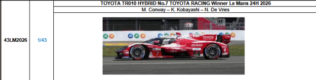 【スパーク(43LM2026)ご予約商品8/3締切】1/43 TOYOTA TR010 HYBRID No.7 TOYOTA RACING Winner 2026ルマン24時間レース M.コンウェイ-小林可夢偉-N.デ・フリース 予価：税込￥13970
