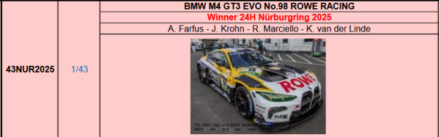 【スパーク(43NUR2025)ご予約商品8/24締切】1/43 BMW M4 GT3 EVO No.98 ROWE RACING 2025年ニュルブルクリンクリンク24時間レース優勝 A. Farfus - J. Krohn - R. Marciello - K. van der Linde  予価：税込￥16500
