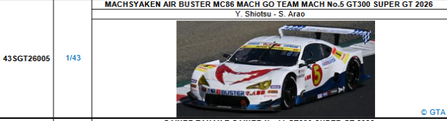 【スパーク(43SGT26005)5/25 19時ご予約商品締切】1/43 MACHSYAKEN AIR BUSTER MC86 MACH GO TEAM MACH No.5 GT300 SUPER GT 2026(塩津 佑介／荒尾 創大)予価：税込￥13200