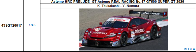 【スパーク(43SGT26017)5/25 19時ご予約商品締切】1/43 Astemo HRC PRELUDE -GT Astemo REAL RACING No.17 GT500 SUPER GT 2026(塚越 広大／野村 勇斗)予価：税込￥13200