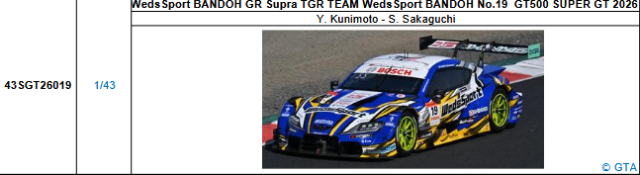 【スパーク(43SGT26019)5/25 19時ご予約商品締切】1/43 WedsSport BANDOH GR Supra TGR TEAM WedsSport BANDOH No.19 GT500 SUPER GT 2026(国本 雄資／阪口 晴南)予価：税込￥13200