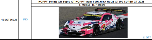 【スパーク(43SGT26025)5/25 19時ご予約商品締切】1/43 HOPPY Schatz GR Supra GT HOPPY team TSUCHIYA No.25 GT300 SUPER GT 2026(松井 孝允／洞地遼大 )予価：税込￥13200