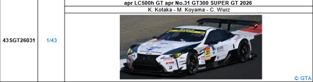 【スパーク(43SGT26031)5/25 19時ご予約商品締切】1/43 apr LC500h GT apr No.31 GT300 SUPER GT 2026(小高 一斗／小山 美姫／チャーリー・ヴルツ)予価：税込￥13200