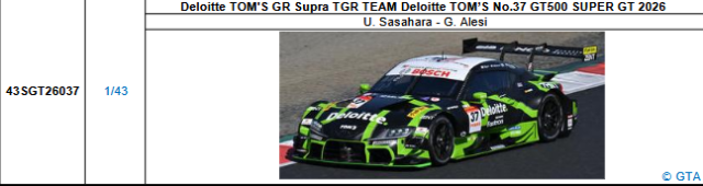 【スパーク(43SGT26037)5/25 19時ご予約商品締切】1/43 Deloitte TOM'S GR Supra TGR TEAM Deloitte TOM'S No.37 GT500 SUPER GT 2026(笹原 右京／ジュリアーノ・アレジ)予価：税込￥13200