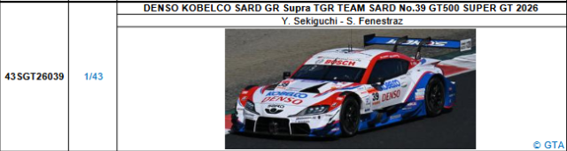 【スパーク(43SGT26039)5/25 19時ご予約商品締切】1/43 DENSO KOBELCO SARD GR Supra TGR TEAM SARD No.39 GT500 SUPER GT 2026(関口 雄飛／サッシャ・フェネストラズ)予価：税込￥13200