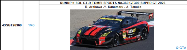 【スパーク(43SGT26360)5/25 19時ご予約商品締切】1/43 RUNUP × SOL GT-R TOMEI SPORTS No.360 GT300 SUPER GT 2026(荒川 麟／金丸 悠／田中 篤)予価：税込￥13200