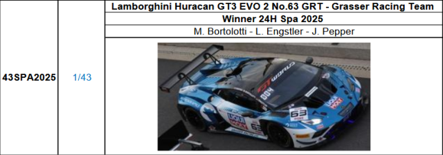 【スパーク(43SPA2025)ご予約商品10/19締切】1/43 Lamborghini Huracan GT3 EVO 2 No.63 GRT - Grasser Racing Team Winner 24H Spa 2025  M. Bortolotti - L. Engstler - J. Pepper予価：税込￥13200