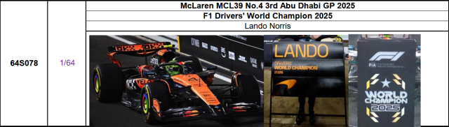 【スパーク(64S078)ご予約商品26/01/04締切】1/64 マクラーレン MCL39 L.ノリス 2025年アブダビGP3位 F1 Drivers' World Champion 2025 No.4(Pit board付属)予価:税込¥3960
