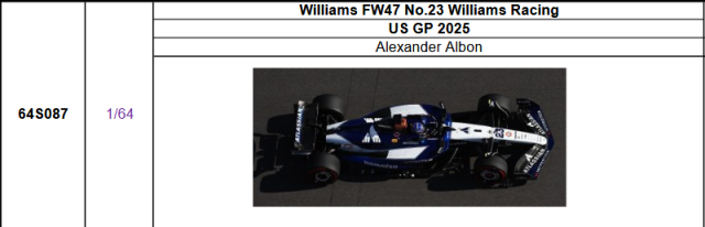 【スパーク(64S087)ご予約商品11/23締切】1/64 ウィリアムズ FW47 A.アルボン 2025年USGP No.23 予価：税込￥3300 