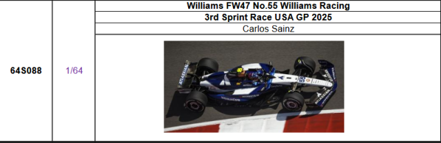【スパーク(64S088)ご予約商品11/23締切】1/64 ウィリアムズ FW47 C.サインツ 2025年USGP No.55 予価：税込￥3300 