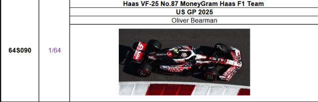 【スパーク(64S090)ご予約商品11/23締切】1/64 ハース F1 VF-25 O.ベアマン 2025年USGP No.87予価:税込¥3300