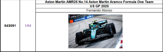 【スパーク(64S091)ご予約商品11/23締切】1/64 アストンマーティン F1 AMR25 F.アロンソ 2025年USGP No.14 予価:税込¥3300