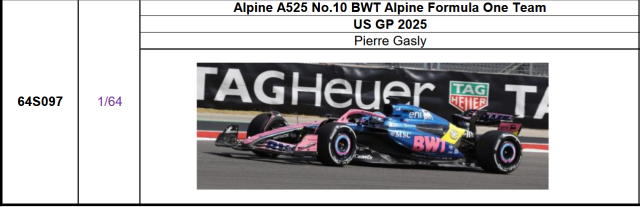 【スパーク(64S097)ご予約商品11/23締切】1/64 アルピーヌ F1 A525 P.ガスリー 2025年USGP No.10 予価：税込￥3300 