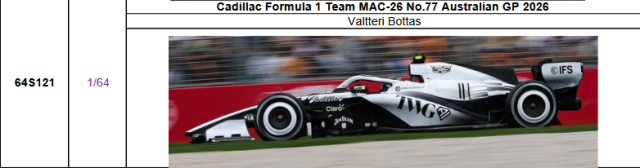 【スパーク(64S121)ご予約商品4/26締切】1/64 キャディラック F1 MAC-26 V.ボッタス 2026年オーストラリアGP No.77 予価：税込￥3300 