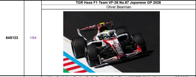 【スパーク(64S123)ご予約商品6/28締切】1/64 ハースF1 VF-26 O.ベアマン 2026年日本GP No.87 予価：税込￥3300　