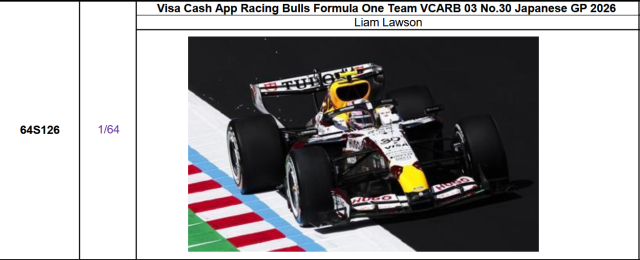 【スパーク(64S126)ご予約商品6/28締切】1/64 レーシングブルズ VCARB03 L.ローソン 2026年GP日本GP No.30 予価：税込￥3300