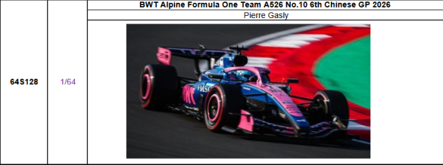 【スパーク(64S128)ご予約商品4/26締切】1/64 アルピーヌ F1 A526 P.ガスリー 2026年中国GP6位 No.10 予価：税込￥3,300 