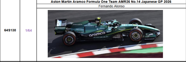 【スパーク(64S130)ご予約商品4/26締切】1/64 アストンマーティン F1 AMR26 F.アロンソ 2026年日本GP No.14 予価：税込￥3300 