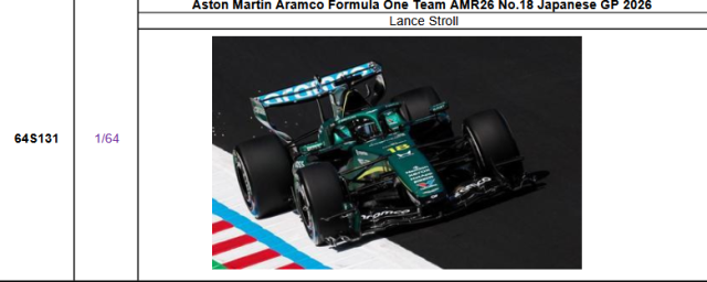 【スパーク(64S131)ご予約商品4/26締切】1/64 アストンマーティン F1 AMR26 L.ストロール 2026年日本GP No.18 予価：税込￥3300 