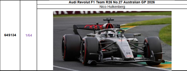 【スパーク(64S134)ご予約商品4/26締切】1/64 アウディ F1 R26 N.ヒュルケンベルグ 2026年オーストラリアGP No.27 予価：税込￥3300 