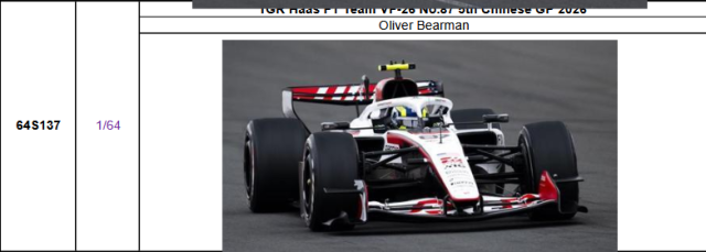 【スパーク(64S137)ご予約商品4/26締切】1/64 ハースF1 VF-26 O.ベアマン 2026年中国GP5位 No.87 予価：税込￥3300 