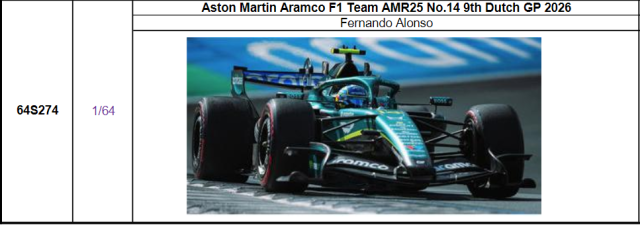 【スパーク(64S274)ご予約商品10/18締切】1/64 アストンマーティン AMR26 No.14 F.アロンソ 2026年オランダGP 9位　予価：税込￥3300