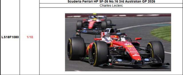 【ルックスマート(LS18F1080)ご予約商品4/12締切】1/18 フェラーリ SF-26 C.ルクレール 2026年オーストラリアGP3位 予価：税込￥44000