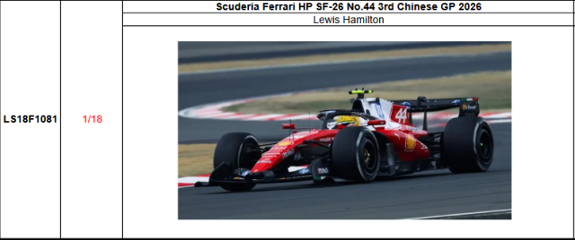 【ルックスマート(LS18F1081)ご予約商品4/12締切】1/18 フェラーリ SF-26 L.ハミルトン 2026年中国GP3位 予価：税込￥44000