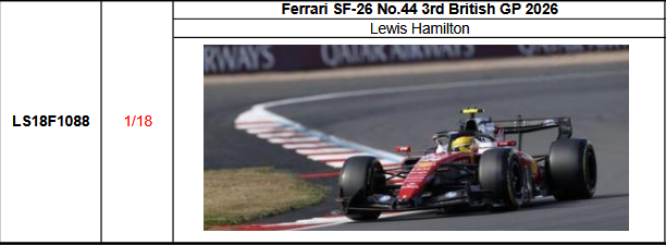 【ルックスマート(LS18F1088)ご予約商品8/3締切】1/18 フェラーリ SF-26 No.44 L.ハミルトン 2026年イギリスGP3位　予価：税込￥44000