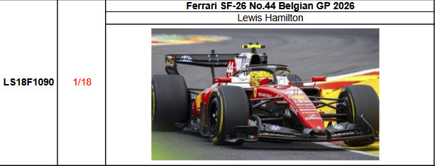 【ルックスマート(LS18F1090)ご予約商品8/19締切】1/18 フェラーリ SF-26 L.ハミルトン 2026年ベルギーGP No.44 予価：税込￥44000