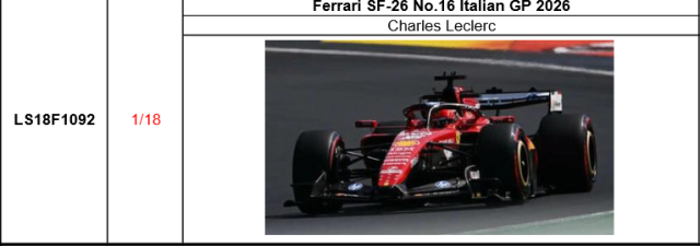 【ルックスマート(LS18F1092)ご予約商品10/14締切】1/18 フェラーリ SF-26 No.16 C.ルクレール 2026年イタリアGP予価:税込¥44000